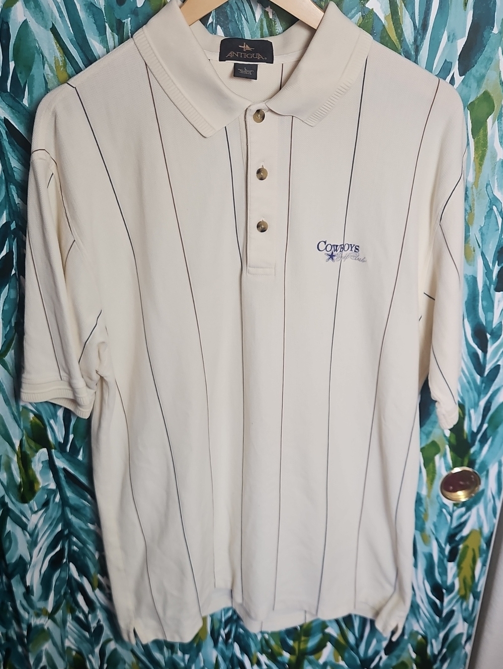Antigua Cream Cowboys Golf Club Polo with Navy Pinstripes 100% Cotton - Size L